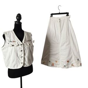 VTG 90s White Denim Vest Skirt Set Embroidered Floral Cottagecore Western M 8